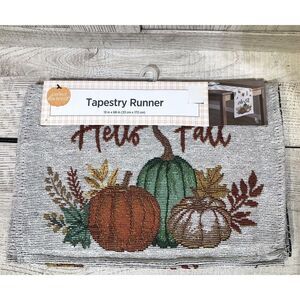Long Tapestry Table Runner 13"x68" "Hello Fall" Pumpkins Foliage Thankful Autumn